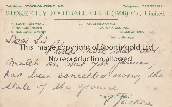 STOKE CITY An official postcard 5/1/1939 advising that the match on 7/1/1939 has been cancelled.