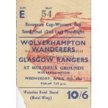 WOLVES - GLASGOW RANGERS 61 Match ticket, Wolves v Glasgow Rangers, 19/4/61, second leg European