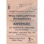 WOLVES - ARSENAL 55 Match ticket, Wolves v Arsenal, 29/1/55, Cup, Reserved Seat. Generally good