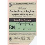 GERMANY/ENGLAND Ticket Germany v England in Hannover 1st June 1968. Torn at entry mostly down