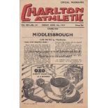 CHARLTON / MIDDLESBROUGH Programme Charlton Athletic v Middlesbrough 4th April 1947. Generally good