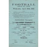 DULWICHN - WOKING 1921 Single sheet Dulwich Hamlet home programme v Woking, 20/4/1921, Isthmian