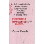 FIORENTINA - NEWCASTLE 1973 Scarce control portion ticket, Fiorentina v Newcastle United, 3/6/73,