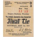 1937 CUP FINAL Match ticket, 1937 Cup Final, North Terrace Seat. Good