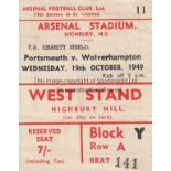 1949 CHARITY SHIELD Match ticket for 1949 Charity Shield, Portsmouth v Wolves, 19/10/49 at