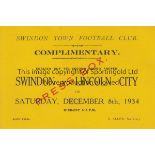 SWINDON / LINCOLN Press Ticket Swindon Town v Lincoln City FA Cup 2nd Round 8th December 1934.
