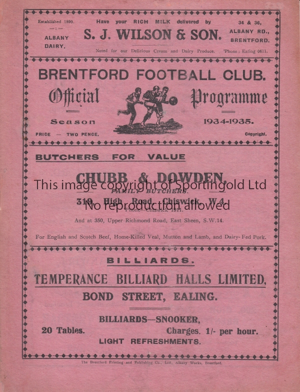 BRENTFORD - BOLTON 1934 Large format Brentford home programme v Bolton, 3/11/1934, slight marks,