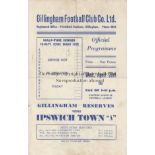 GILLINGHAM/IPSWICH Single sheet programme Gillingham Reserves v Ipswich "A" (ECL) 25th April 1951.