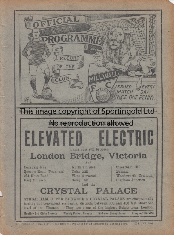 MILLWALL - GILLINGHAM 1914-15 Millwall home programme v Gillingham, 31/10/1914, Southern League,