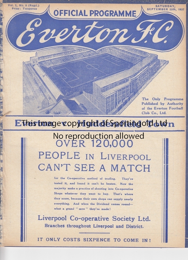 EVERTON - HUDDERSFIELD 1937 Everton home programme v Huddersfield, 25/9/1937, ex bound volume,