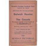 DULWICH - THE CASUALS 1937 Dulwich Hamlet home programme, v The Casuals, 6/2/1937, Amateur Cup,