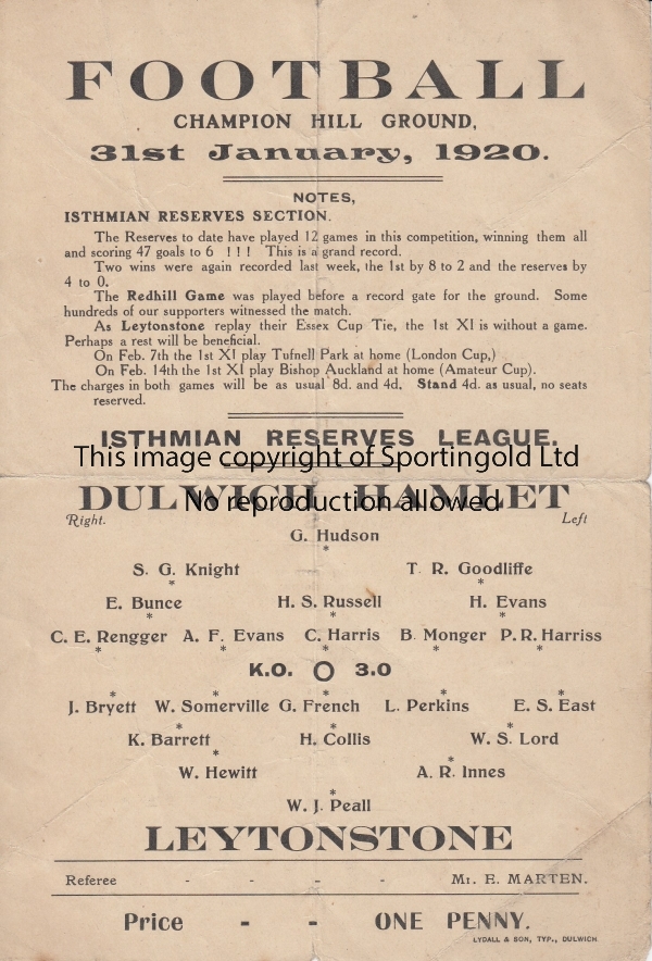 DULWICH - LEYTONSTONE 1920 Single sheet Dulwich Hamlet Reserves programme v Leytonstone, 31/1/