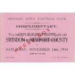 SWINDON /NEWPORT Press Ticket Swindon Town v Newport County FA Cup 1st Round 24th November 1934.