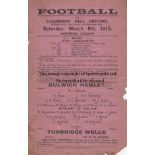 DULWICH - TUNBRIDGE WELLS 1913 Single sheet Dulwich Hamlet home programme v Tunbridge Wells, 8/3/