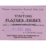 THAMES AFC 1930 Scarce item, Thames Association FC visiting players ticket dated 4/10/1930 (v