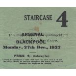 ARSENAL - BLACKPOOL TICKET 1937 Ticket, Arsenal v Blackpool, 27/12/1937, Staircase 4 ticket priced