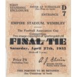 1935 CUP FINAL Match ticket 1935 Cup Final, very minor paper loss to left side edge when counterfoil