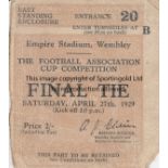 1929 CUP FINAL Match ticket, 1929 Cup Final, slight paper erosion to bottom right corner edge.