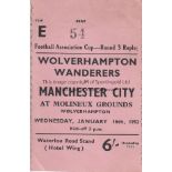 WOLVES - MAN CITY 52 Match ticket Wolves v Man City, 16/1/52, Cup replay, Reserved seat. Good