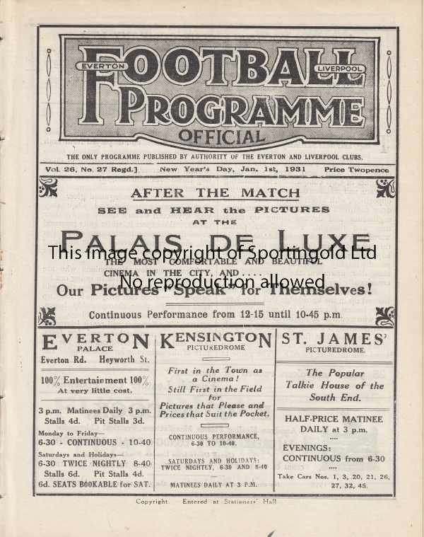 EVERTON - BURY 1930-31 Everton home programme v Bury, 1/1/1931, ex bound volume. Generally good