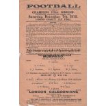 LONDON CHARITY CUP FINAL 1912 Single sheet Dulwich programme for London Charity Cup Final, Nunhead v