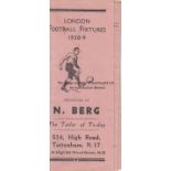 1938-39 FIXTURE CARD Fold out London Football Fixtures card 1938-39 issued as a gift by N.Berg