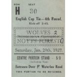 WOLVES - NOTTM FOREST 1927 Match ticket, Wolves v Nottm Forest, Centre portion Stand, 29/1/1927,