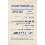 GILLINGHAM/ARSENAL Single sheet programme Gillingham Reserves v Arsenal "A" Eastern Counties