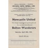 NEWCASTLE / BOLTON 4 Page Programme Newcastle United v Bolton Wanderers 28th April 1945. Good