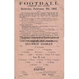 DULWICH - BARNET 1921 Single sheet Dulwich Hamlet home programme v Barnet, 5/2/1921, London Senior