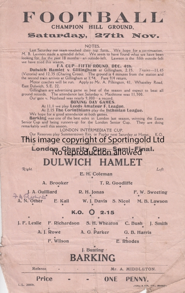 DULWICH - BARKING 1920 Single sheet Dulwich Hamlet home programme v Barking, 27/11/1920, London