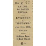 EVERTON - WOLVES 48 Match ticket Everton v Wolves, 31/1/48, Cup Replay, Bullens Road seat. Generally