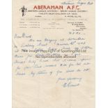 ABERAMAN 43 Letter to a player called Dave from the Aberaman Secretary E.Evans on Aberaman FC