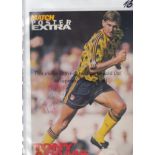 ARSENAL AUTOGRAPHS Four signed magazine pictures of Tony Adams, Dennis Bergkamp, Ian Wright and