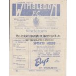 WIMBLEDON 4 Page programme Wimbledon v Leytonstone Isthmian League 11th September 1948. Punch