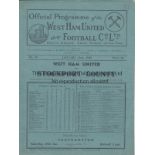 WEST HAM - STOCKPORT 1938 West Ham home programme v Stockport, 22/1/1938, slight fold. Good