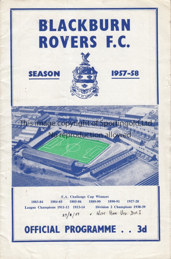 BLACKBURN ROVERS V WEST HAM 1957 Programme for the League match at Blackburn 27/8/1957, slightly