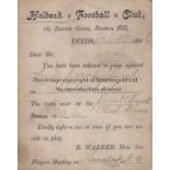 HOLBECK FC 1896 Selection card, Holbeck Football Club dated 18/2/1896 informing a player that he had