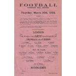 AT DULWICH 1922 Single sheet Dulwich programme for game, London v Middlesex, 30/3/1922, folds,