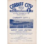 CARDIFF CITY V WEST HAM 1949 Programme for the League match at Cardiff 12/11/1949, slightly creased.