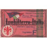 TICKET ITALY / ENGLAND Ticket Italy v England in Florence 18 May 1952.Light vertical fold. Generally