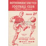 ROTHERHAM UNITED V WEST HAM 1953 Programme for the League match at Rotherham 21/2/1953, slightly