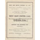 WEST HAM UNITED V CHESLEA 1957 Programme for the FA Youth Cup tie at West Ham 16/12/1957, creased