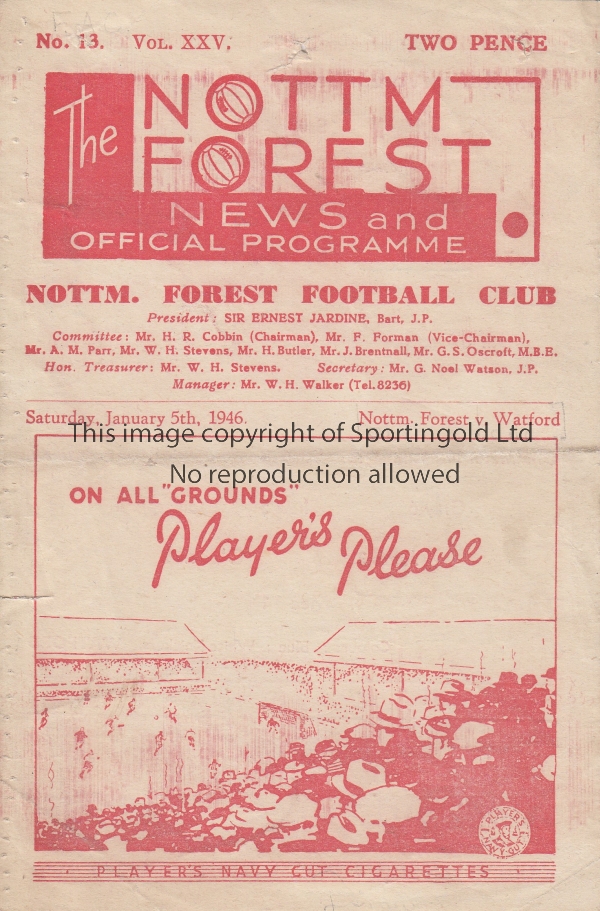 NOTTM FOREST - WATFORD 46 Nottingham Forest home programme v Watford 5/1/46, FA Cup, score noted (