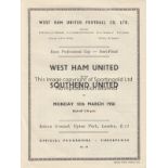 WEST HAM UNITED Programme for the home Essex Professional Cup tie v Southend United 10/3/1958. Good