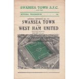 SWANSEA TOWN V WEST HAM 1957 Programme for the League match at Swansea 14/9/1957, slightly