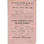 DULWICH - DULWICH MELBOURNE Dulwich Hamlet home programme v Dulwich Melbourne, 29/10/1921, London