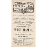 SOUTHAMPTON V WEST HAM 1952 Programme for the League match at Southampton 20/12/1952, slightly