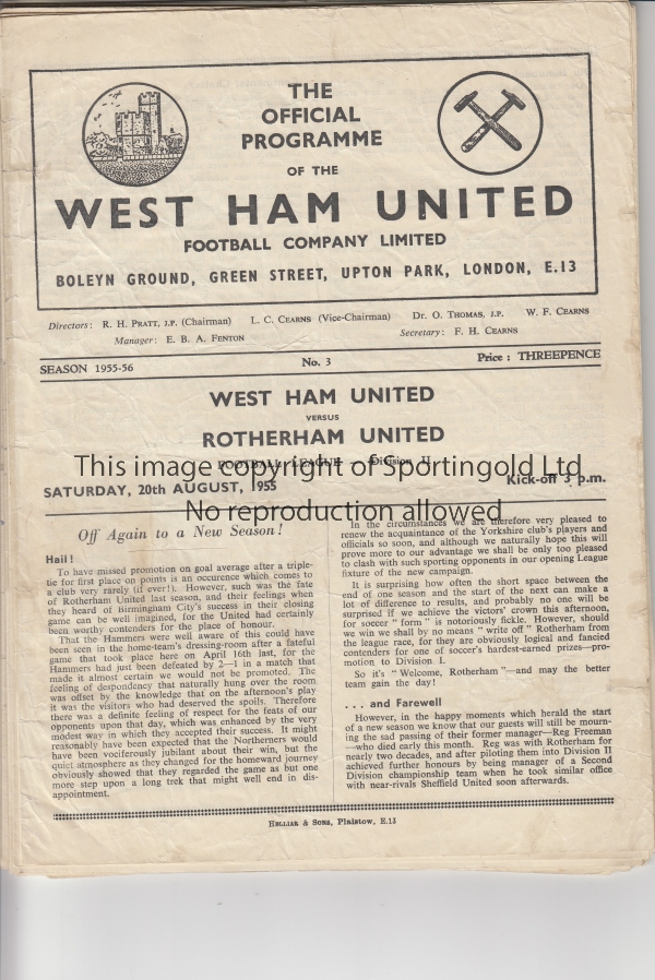 WEST HAM 55-6 A set of 21 West Ham home programmes, all League, 55/6, includes games v Bury,