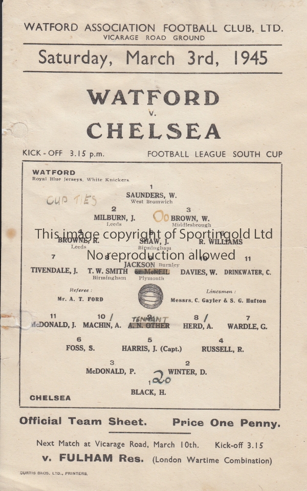 WATFORD - CHELSEA 45 Watford single sheet programme v Chelsea, 3/3/45, score, scorers noted.